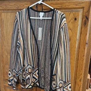 Chico's Geometric Striped Cardigan in Black, Cream, and Brown